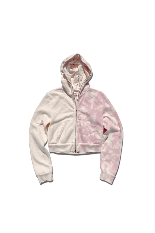 EXCLUSIVE CROPPED FULL ZIP BODY BAG HOODIE - COTTON CANDY PINK SPLIT TIE-DYE